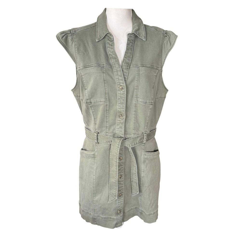 PAIGE Jaxsyn Belted Utility Mini Dress Vintage Ivy Green Button Front Sz 12 NWT